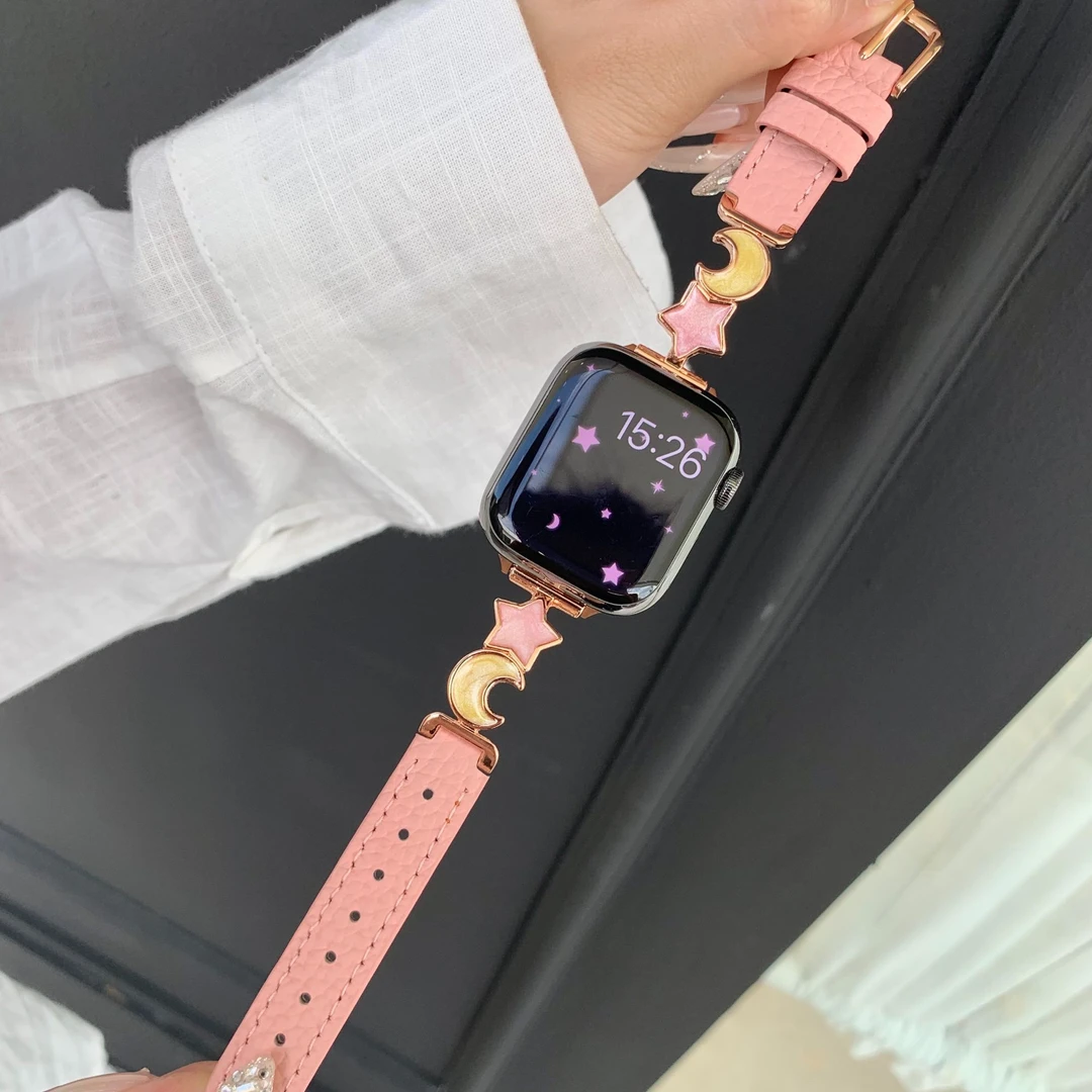 适用苹果手表Applewatchs9星月荔枝纹S10真皮SE表带iwatchS8金属7