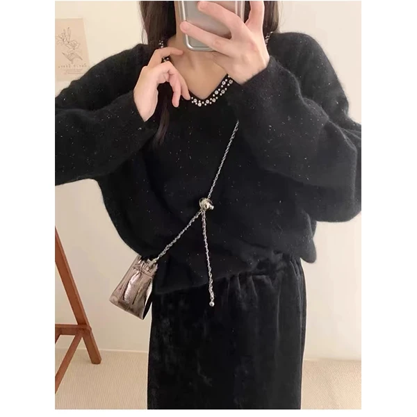 【V领黑色亮砖】针织衫宽松显瘦休闲时尚百搭圆领套头秋冬