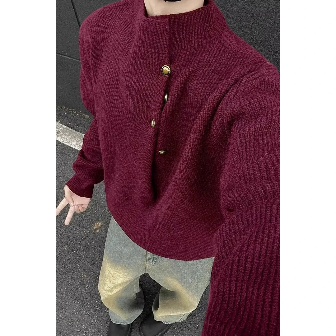 红色重磅880g金属纽扣针织衫男款冬季宽松休闲复古百搭半高领毛衣