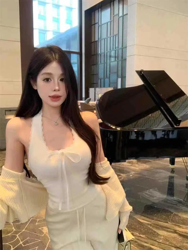 辣妹美背短款上衣带胸垫挂脖吊带背心女内搭蝴蝶结甜美镂空美背潮