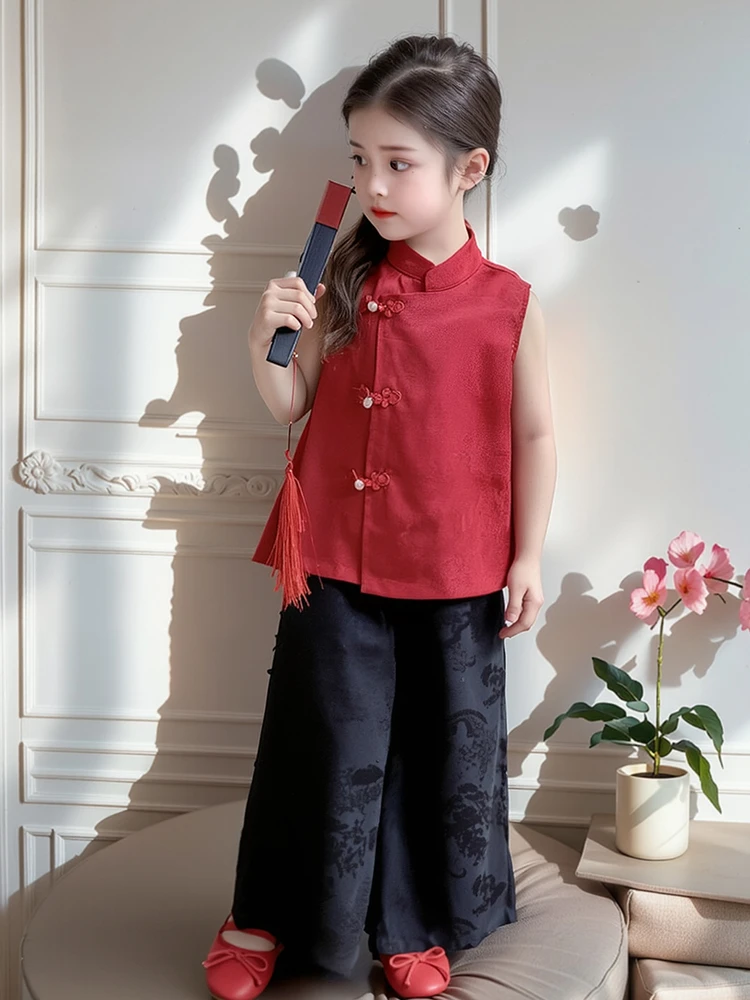 女童夏套装2025夏季新款小女孩国风无袖两件套女宝宝衣服儿童夏装