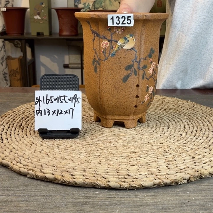 紫砂花盆 柴烧手绘六方1325