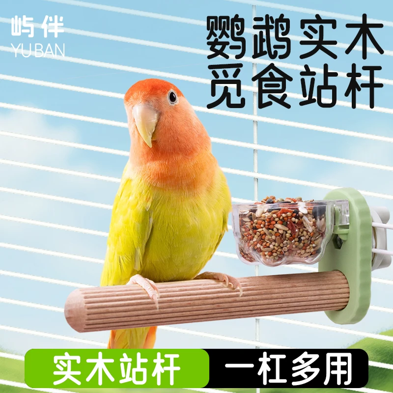 鹦鹉觅食站杆小空间磨爪磨喙天然实木自带食水碗省空间鸟笼外出包