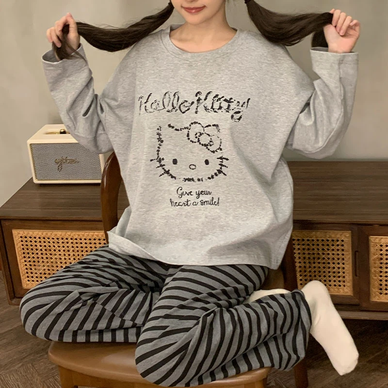 韩版卡通风猫咪睡衣女士春秋季爆款长袖学生家居服女款套装可外穿