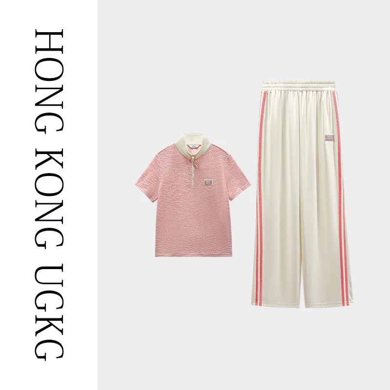 香港UGKG夏装短袖翻领t恤中老年女装洋气高贵上衣套装73252ZH162