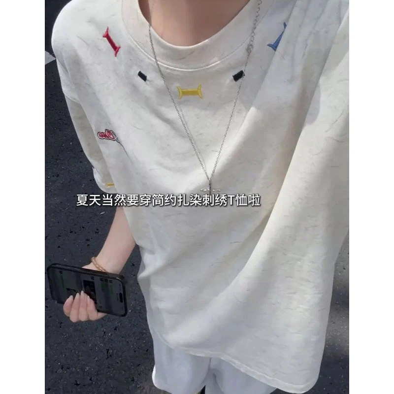 美式扎染短袖t恤男生夏季薄款刺绣设计情侣潮牌宽松五分半袖上衣