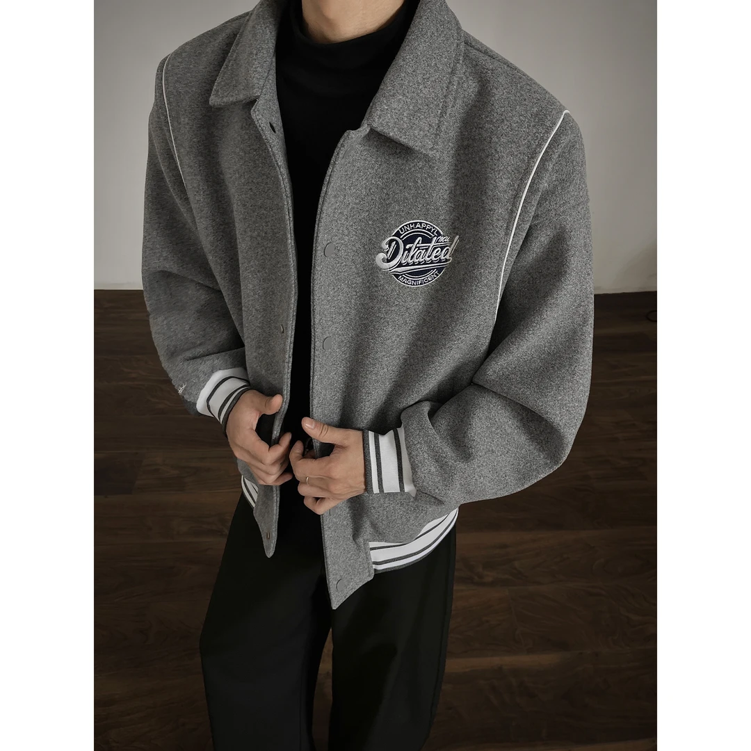 345美式毛呢刺绣棒球服外套男潮牌新款秋季宽松痞帅翻领飞行夹克