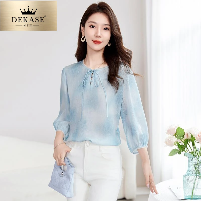 杜卡西圆领真丝衬衫女桑蚕丝短袖七分袖衬衣夏2025夏装上衣小衫