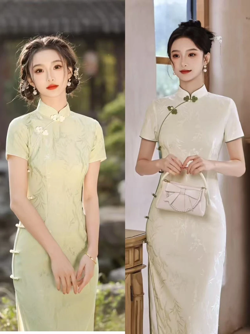 青竹绿/烟雨白 2025款夏 优雅高级修身气质显腰身中长款旗袍