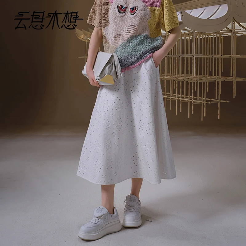 Ysimo-X云思木想 梦落空花 镂空刺绣后腰橡筋优雅百搭半身裙12721