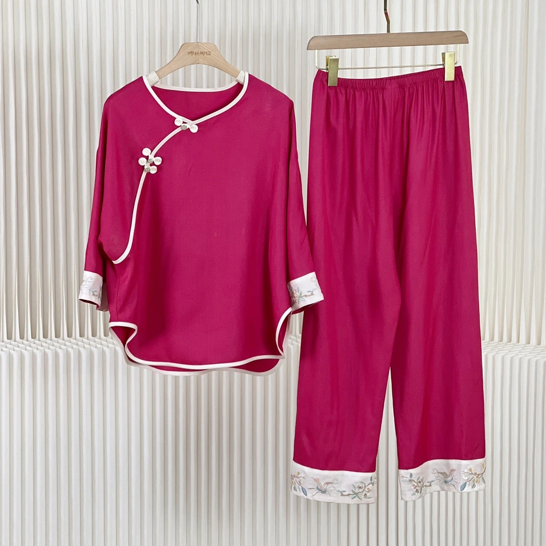 櫟丝御锦柞蚕丝女士家居套装中式国风舒适透气亲肤百搭 25019