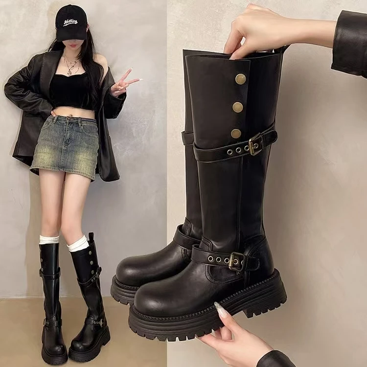 【予婕】厚底过膝长筒靴女小个子粗跟2025冬新款两穿皮靴显瘦骑士靴