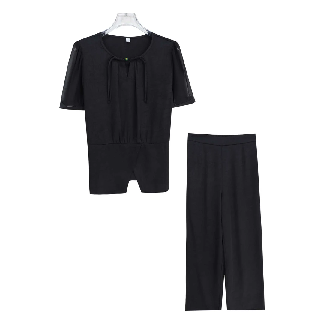 新款设计感法式裙摆上衣宽松阔腿裤套装S1421