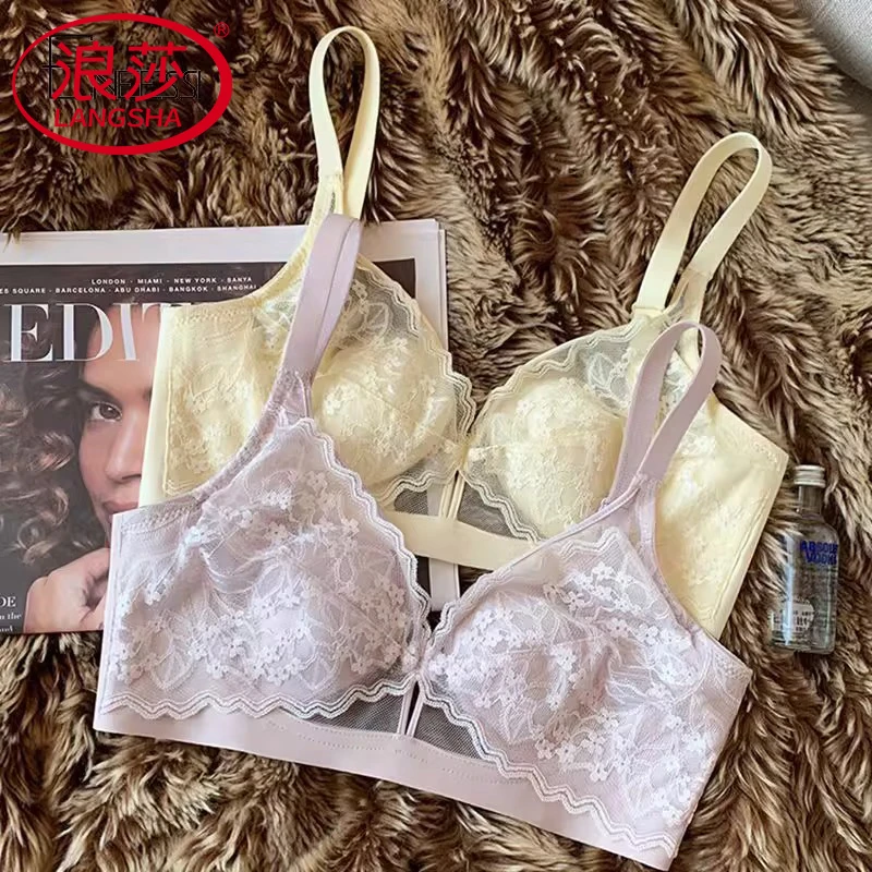 浪莎法式蕾丝水晶杯大胸显小内衣女夏季薄显瘦无钢圈收副乳文胸罩
