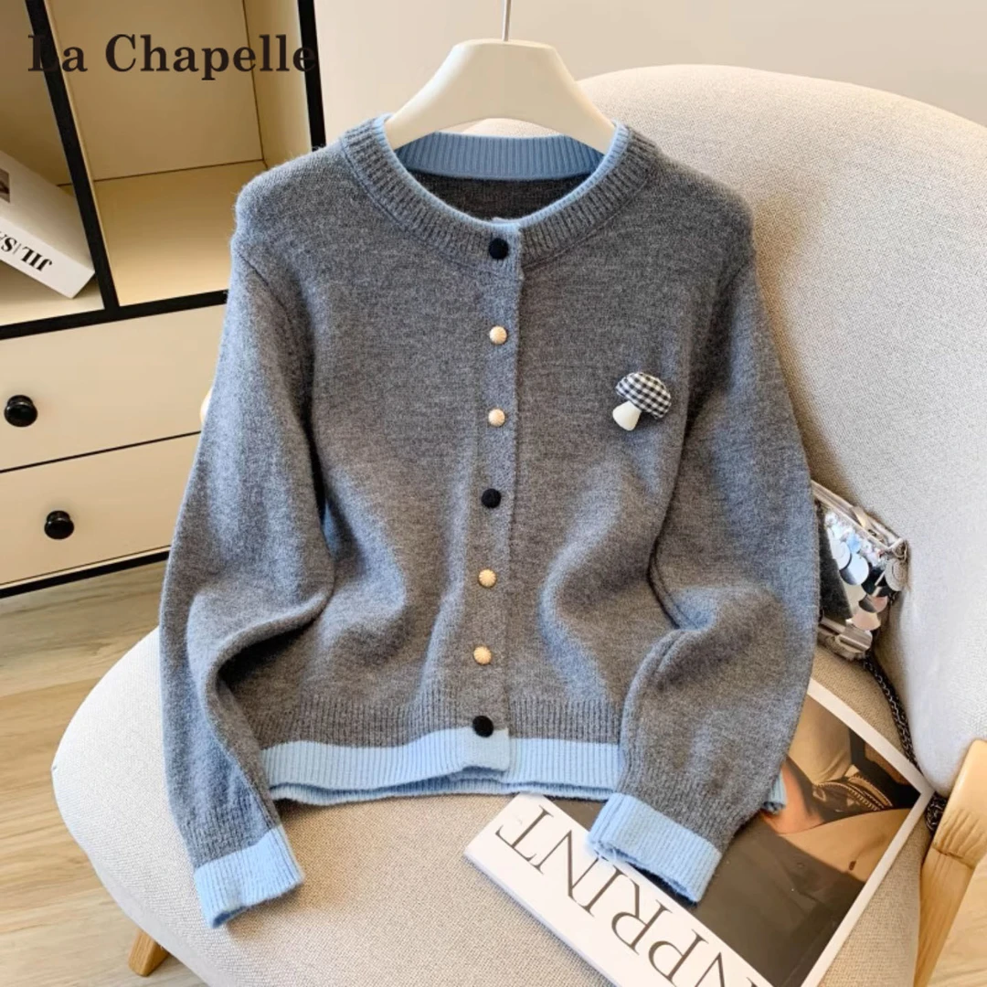 拉夏贝尔灰色毛衣外套女秋冬撞色假两件韩系针织开衫超好看小上衣