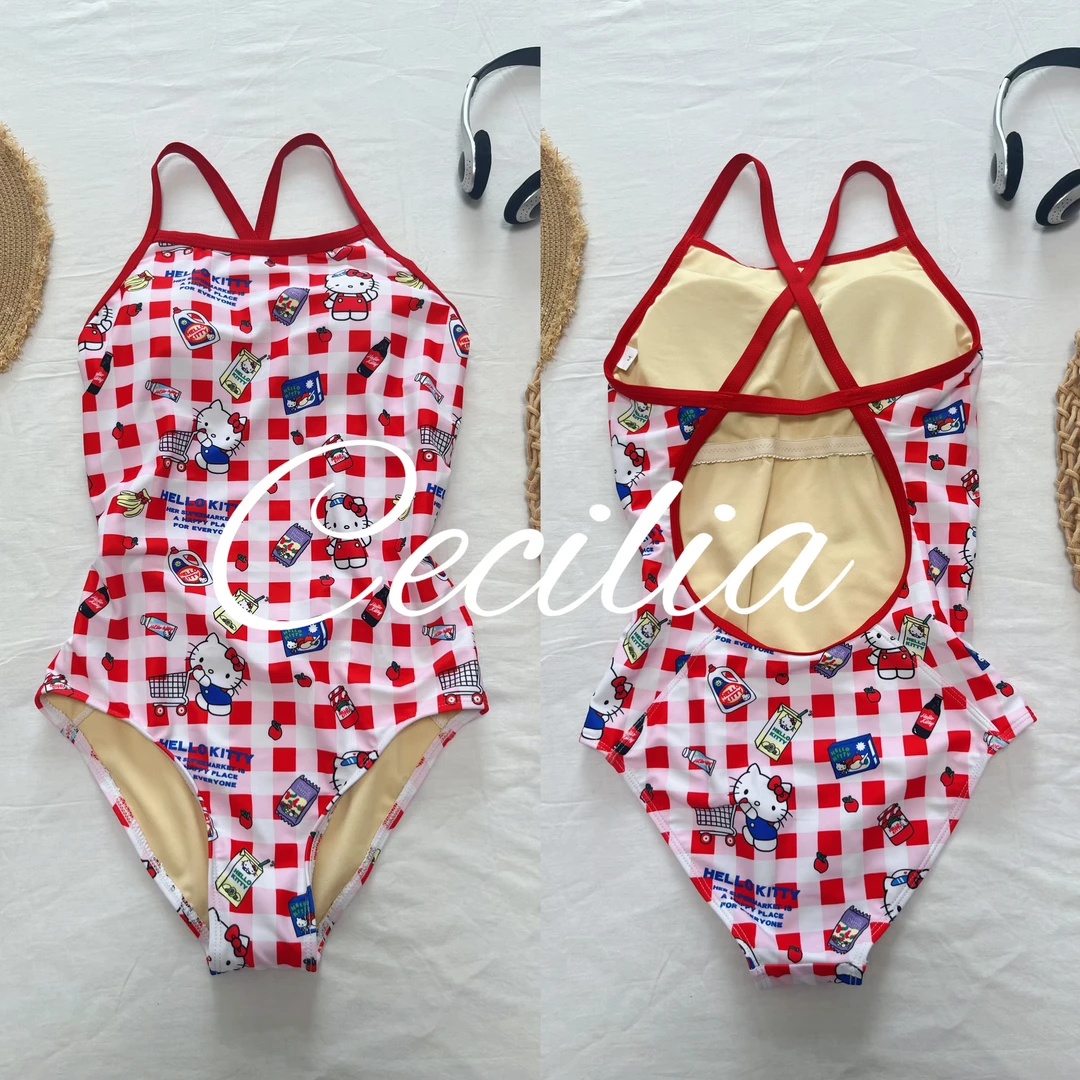【凯蒂小卖部】甜美少女卡通KT猫简约复古格子连体少女游泳衣女泳装