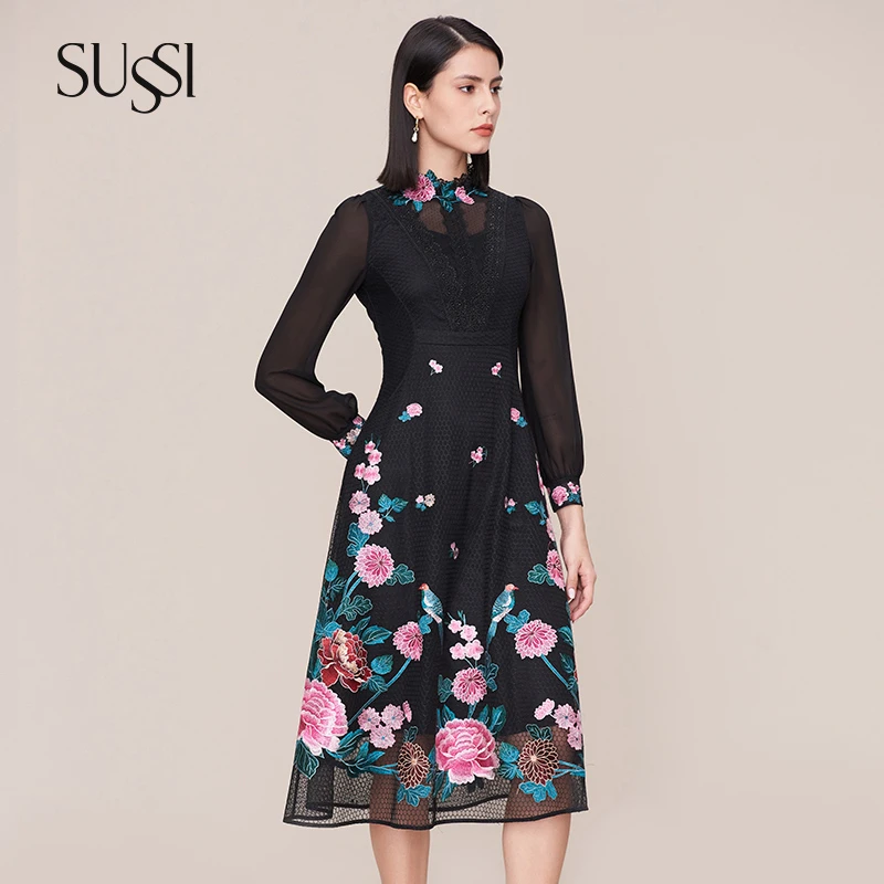 SUSSI/古色【陌上花开】25秋冬商场同款黑色立领刺绣经典长款连衣裙