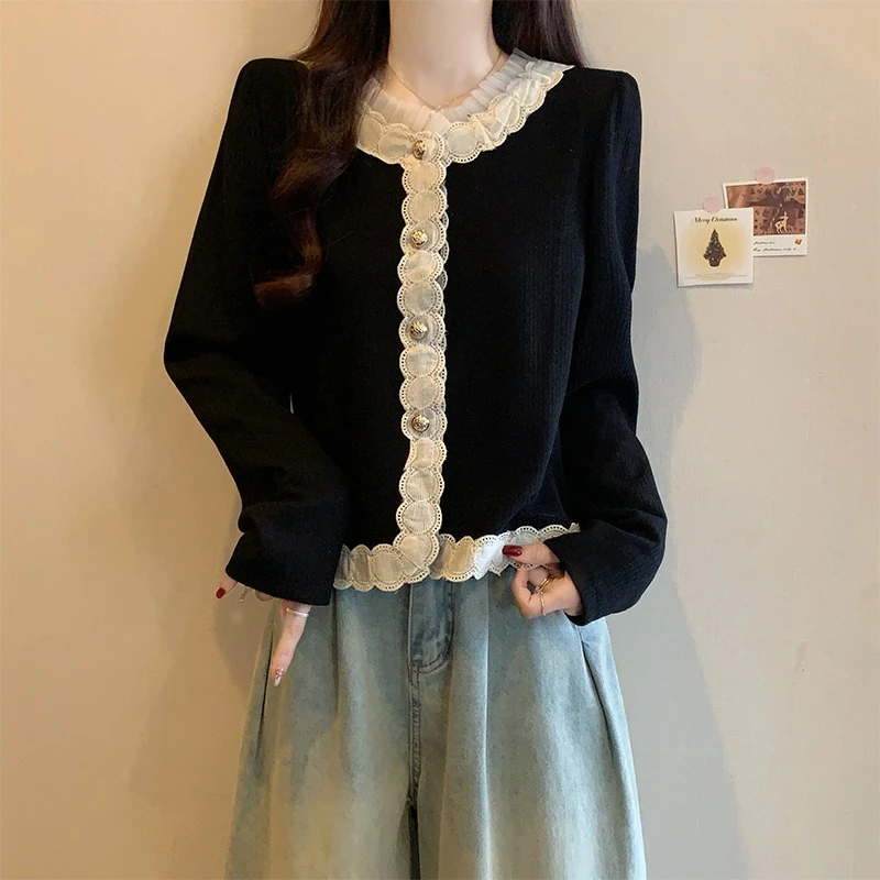 小香风蕾丝拼接长袖衬衫女春秋大码胖mm显瘦遮肚子洋气衬衣打底衫