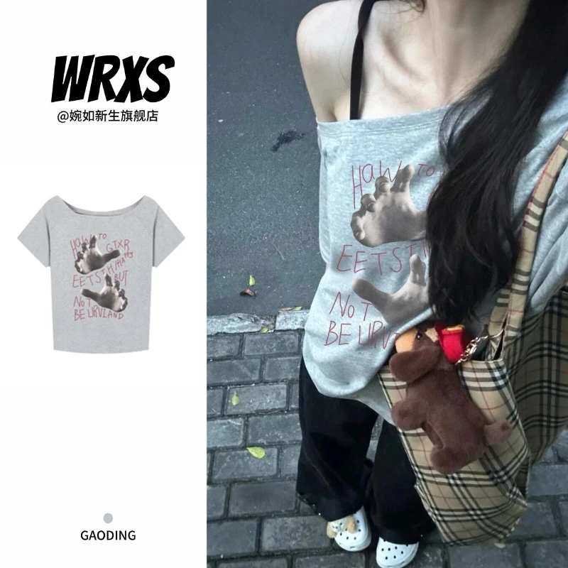 【婉如新生】美式嘻哈设计感斜肩短袖t恤女夏季休闲百搭慵懒上衣ins