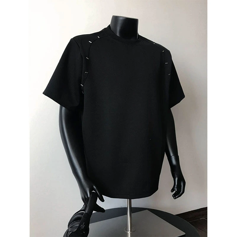美式高街黑色垫肩短袖男款夏季小众铆钉设计感t恤圆领正肩五分袖