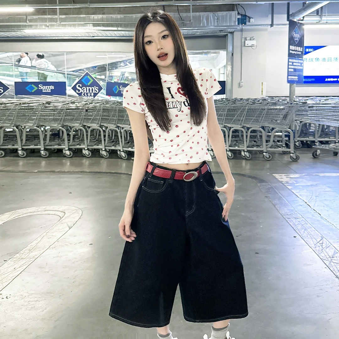 深蓝七分牛仔裤女2025春夏新款时尚简约直筒百搭显瘦中裤子