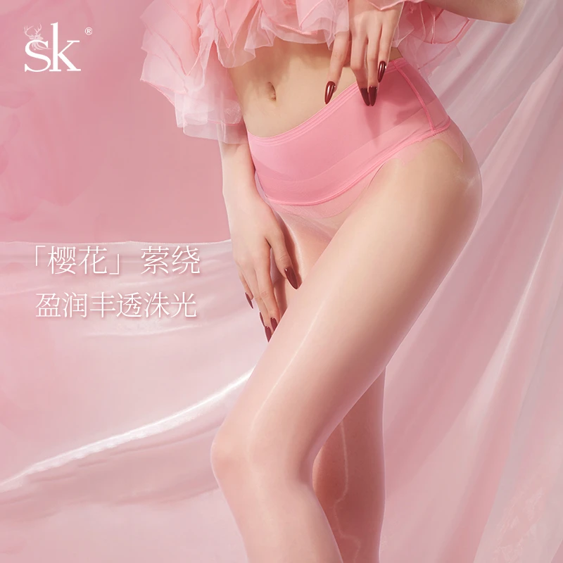 SK「洙光.樱花果冻」马油丝袜女超薄油亮性感粉网纱无缝裆连裤袜