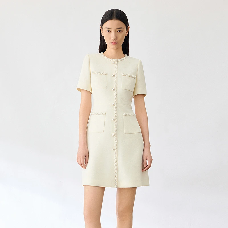 【商场同款】2024夏季新款短袖圆领气质短款裙子收腰小香风连衣裙LN