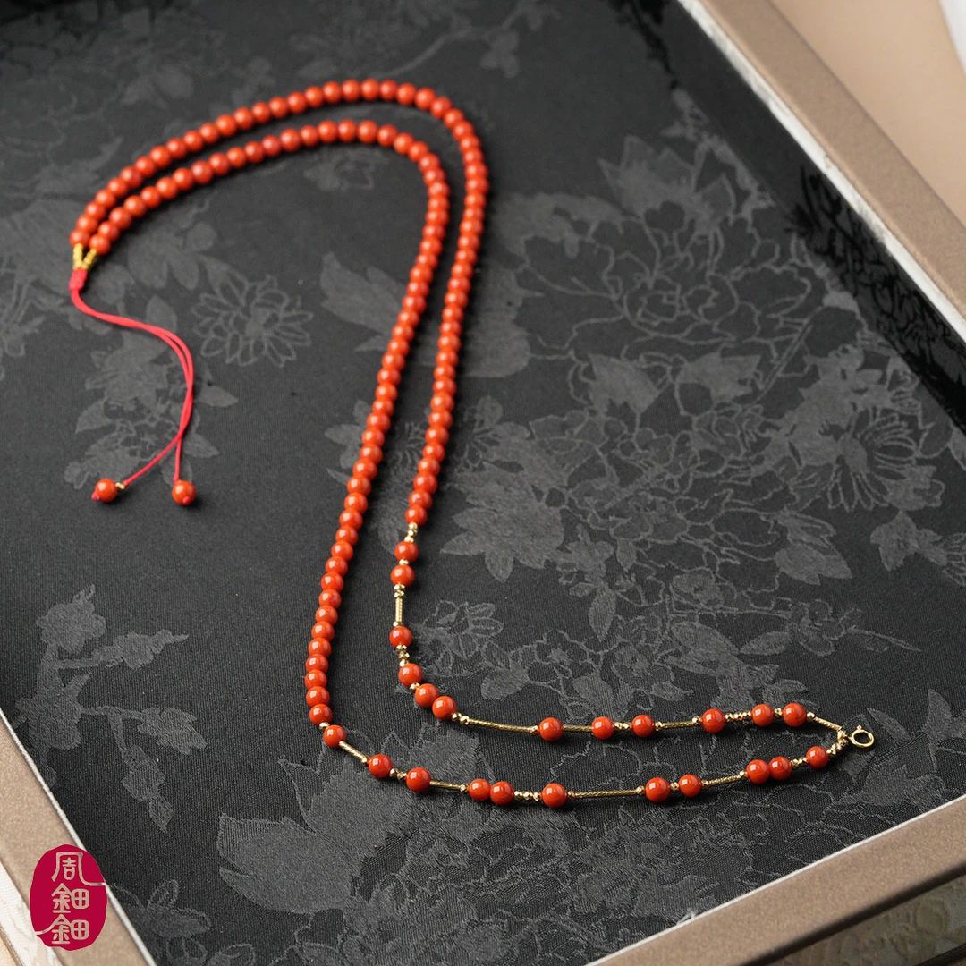 周钿钿®|红鸾|天然南红18K金镶设计款毛衣链多样性发一