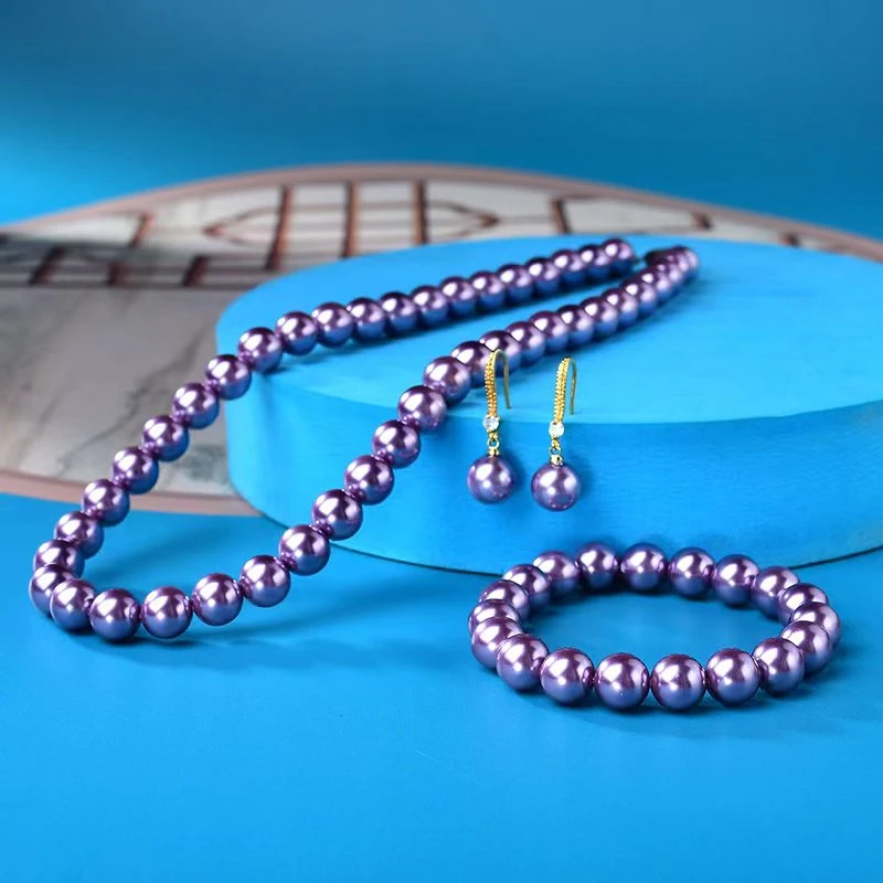 项链 套装浓紫色贝珠10mm项链RR手链耳饰