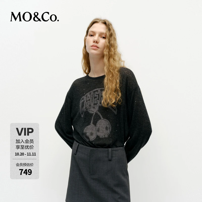 MOCO针织衫2025新品绵羊毛摇滚主义骷髅头车厘子图案MBE1SWT015