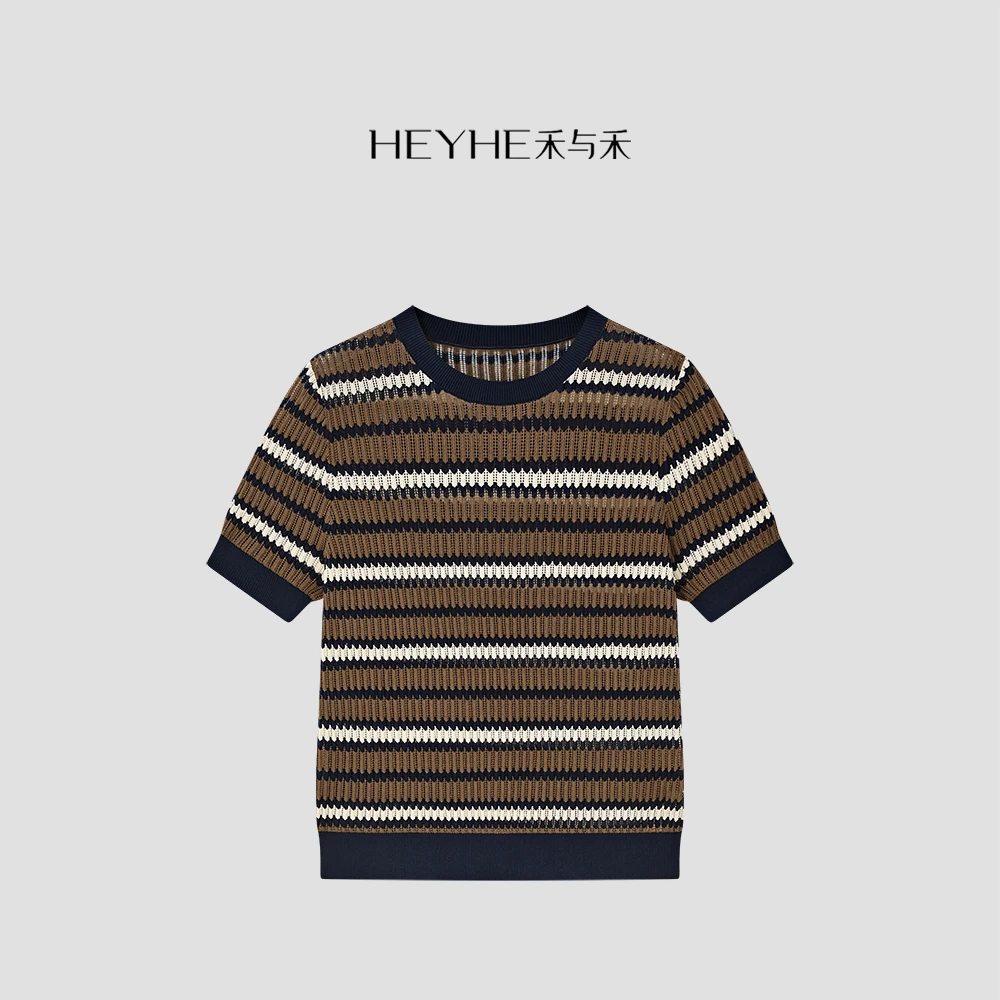 小禾【律动】法式疏织微透针织条纹圆领镂空短袖25AMU195