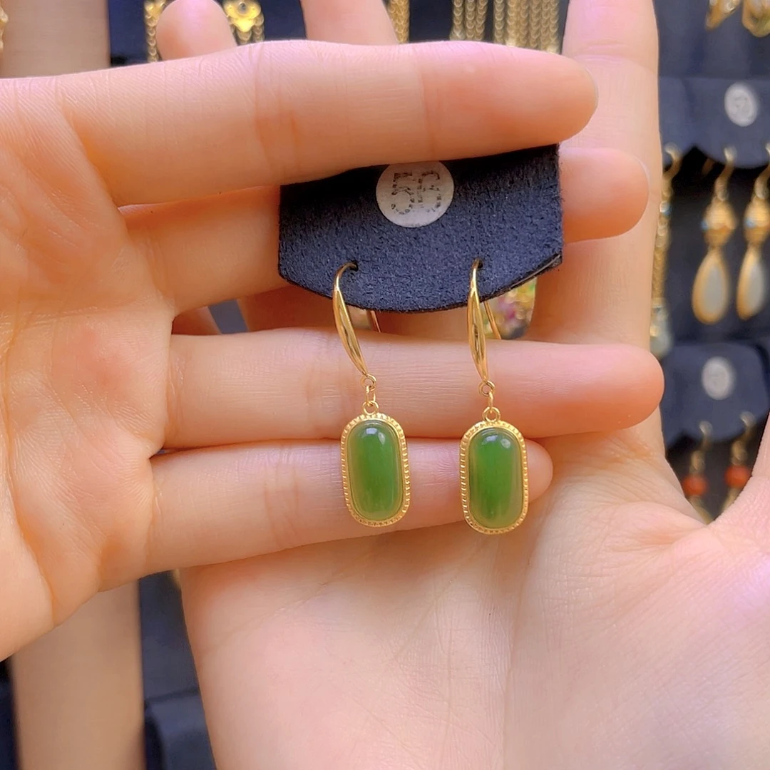 和田玉耳饰银S925镀金镶嵌