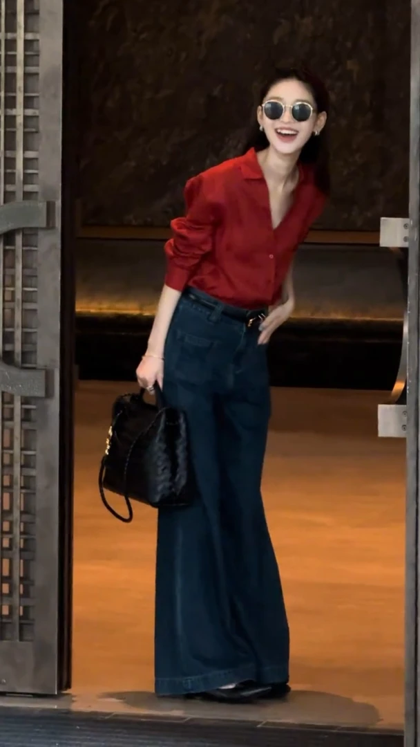 2025夏季新款韩系高级感气质衬衫上衣女百搭显瘦牛仔裤两件套装女