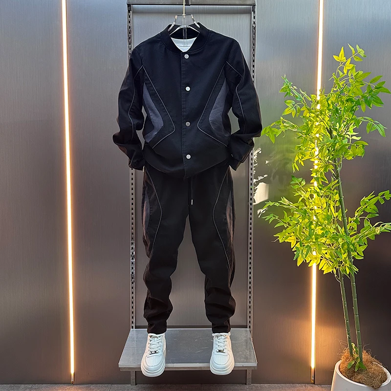 2025春新款男士立领拼接牛仔套装宽松休闲两件套潮流时尚外套裤子