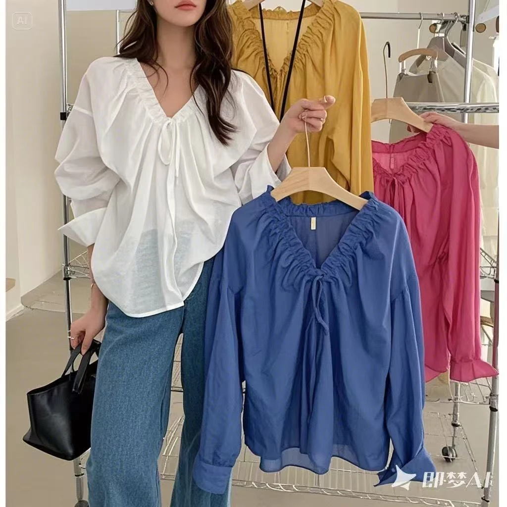韩系2025春季新款复古小众薄款V领系带宽松显瘦设计感长袖衬衫女