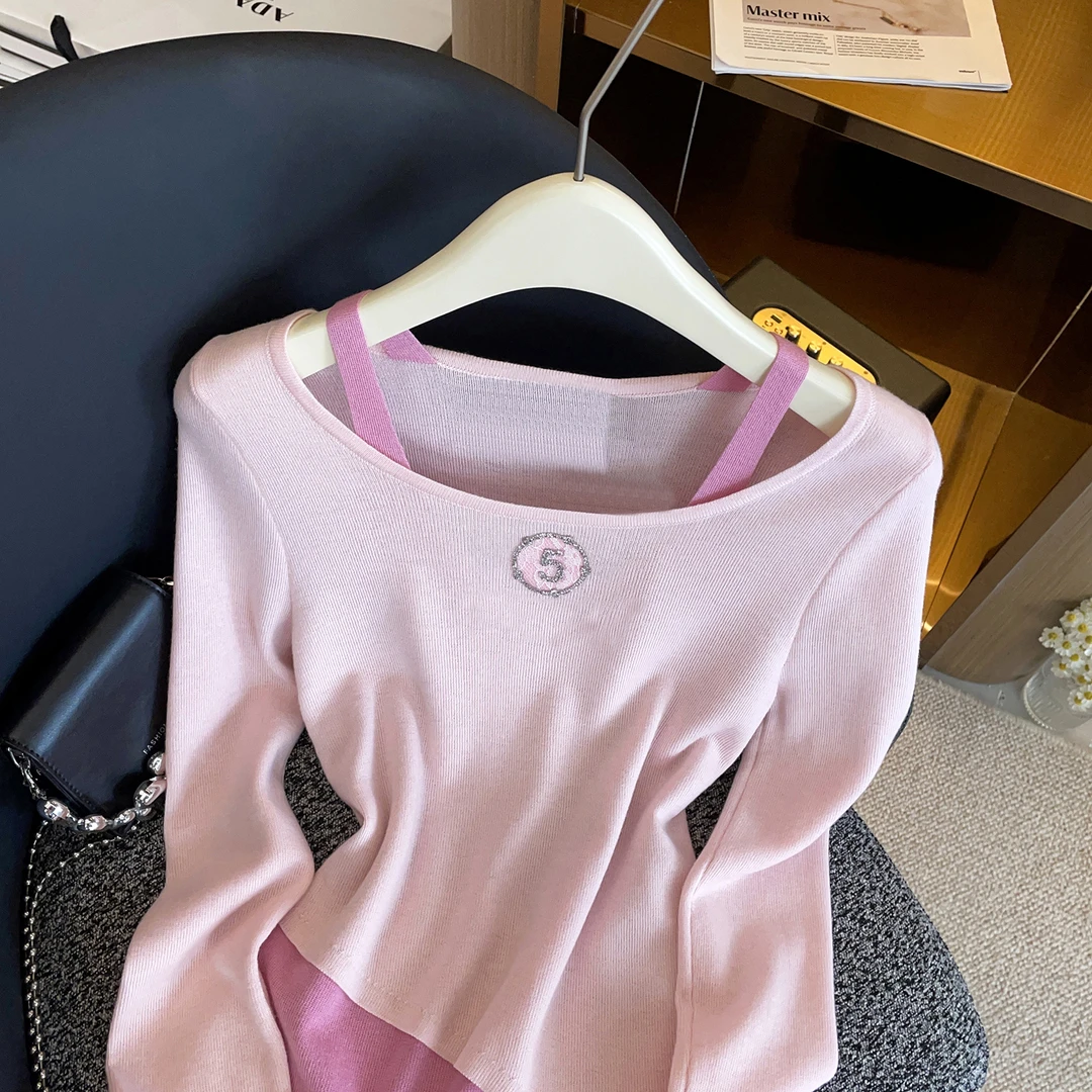 轻奢高端女装早秋新韩系百搭气质拼色假两件修身显瘦针织衫DY8723