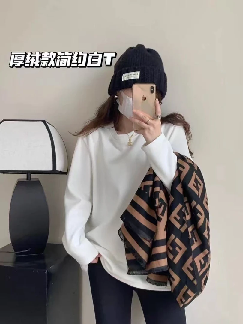 街头风少女风宽松型长袖常规T恤冬季加绒款长款打底衫