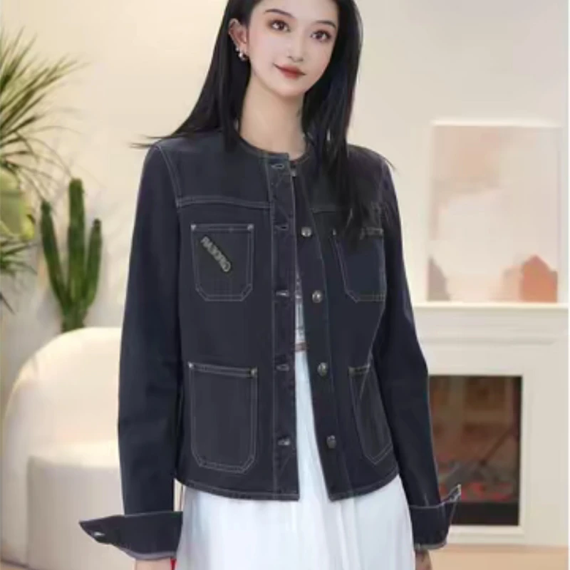 【专柜正品】春秋新款时尚复古圆领口袋长袖牛仔外套女140008