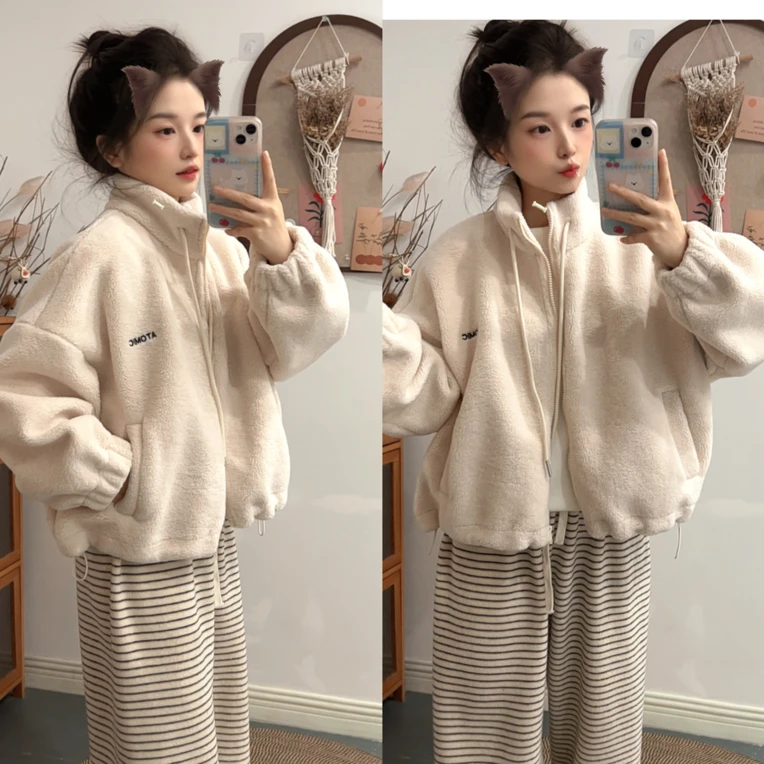 小个子秋冬字母刺绣韩版宽松羊羔毛立领短外套812