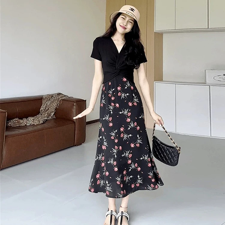 大码法式茶歇假两件正肩碎花连衣裙女夏季胖mm高腰显瘦短袖长裙子