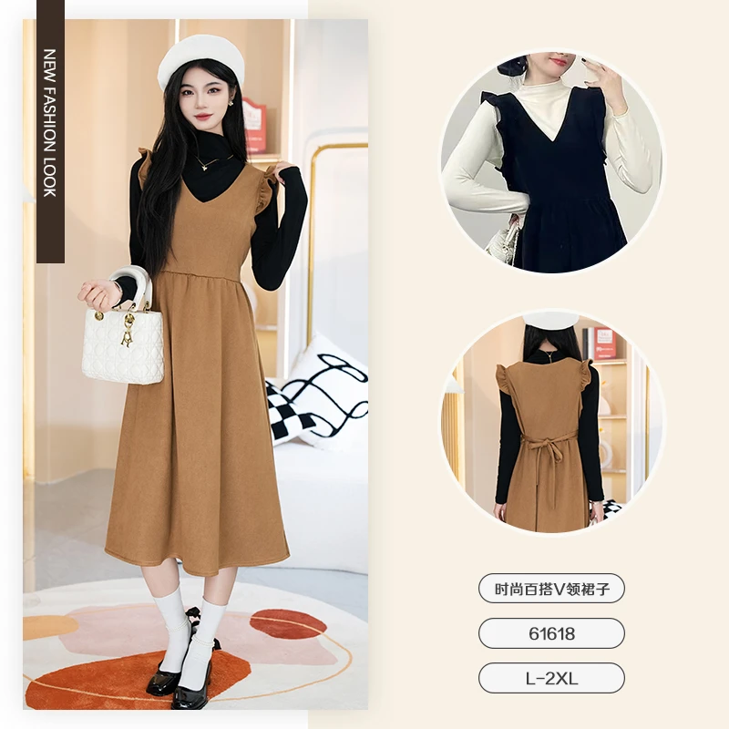 秋季新款时尚百搭V领木耳边无袖连衣裙-61618