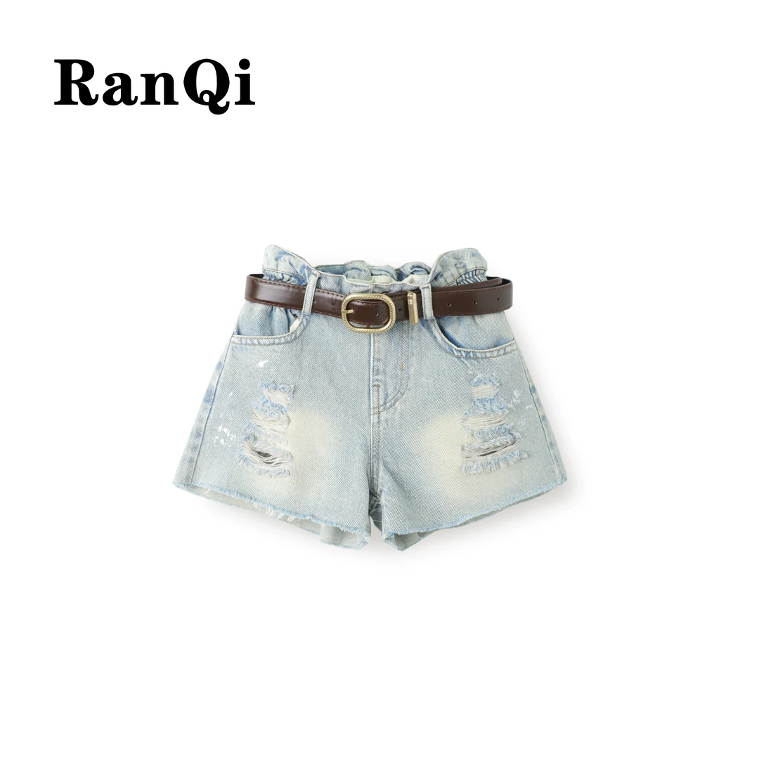 女童夏季牛仔短裤2025夏季新款擦银破洞款中大童百搭牛仔短裤X751
