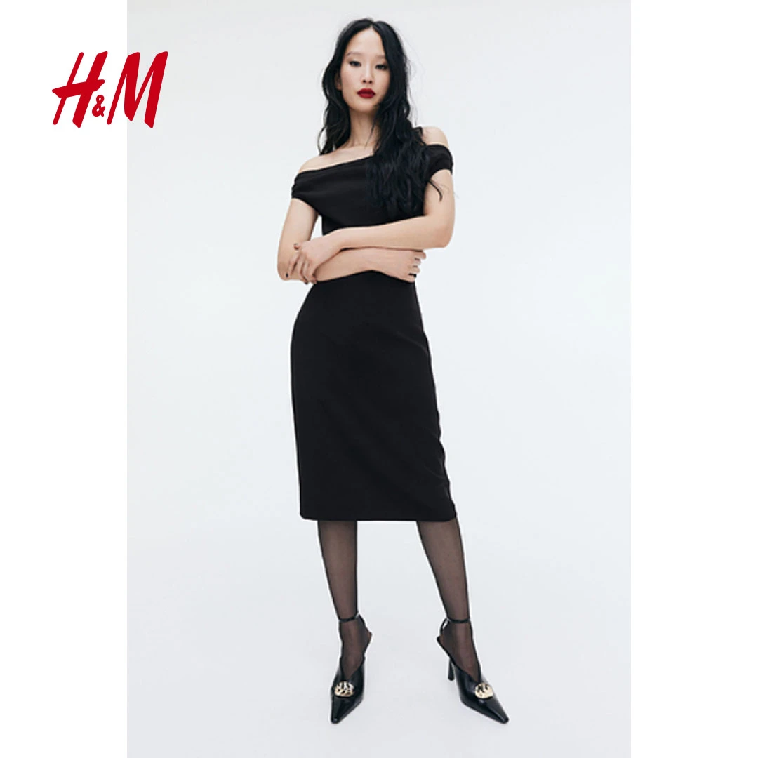 HM女士连衣裙秋新款气质垂坠斜纹布修身一字肩连衣裙1252058