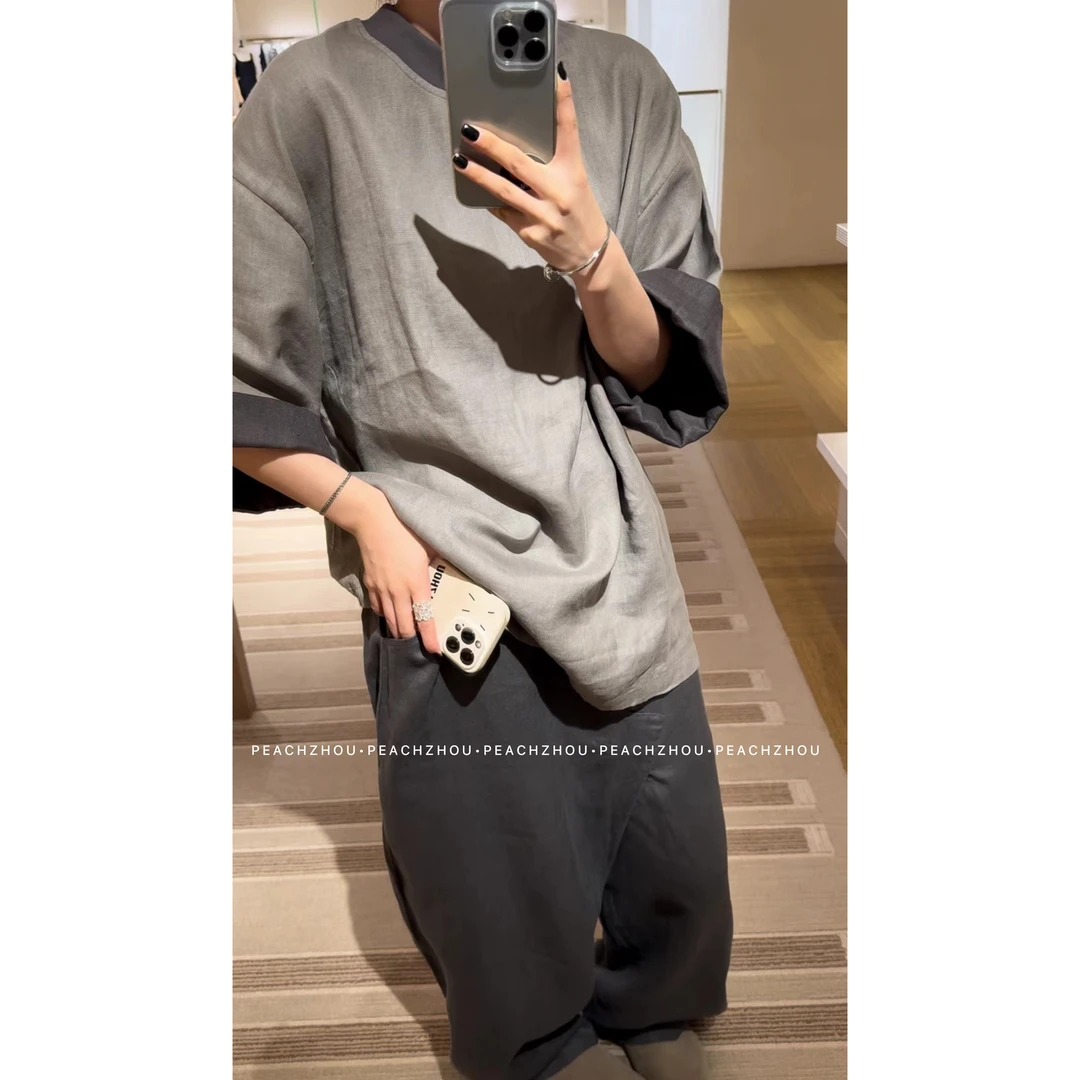 『PEACHZHOU』简约100亚麻斜裆宽松直筒休闲裤透气设计感阔腿长裤女