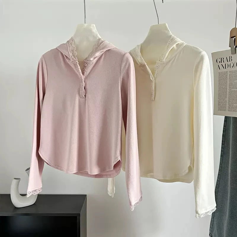 遇见小九-2025春季新款时尚百搭连帽蕾丝拼接长袖衫