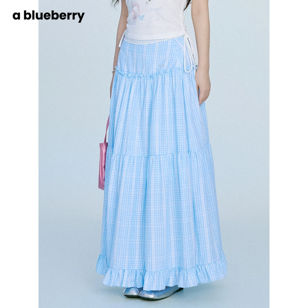 ablueberry 拼接蕾丝半身裙女百搭设计感木耳边格子长裙BK3202157
