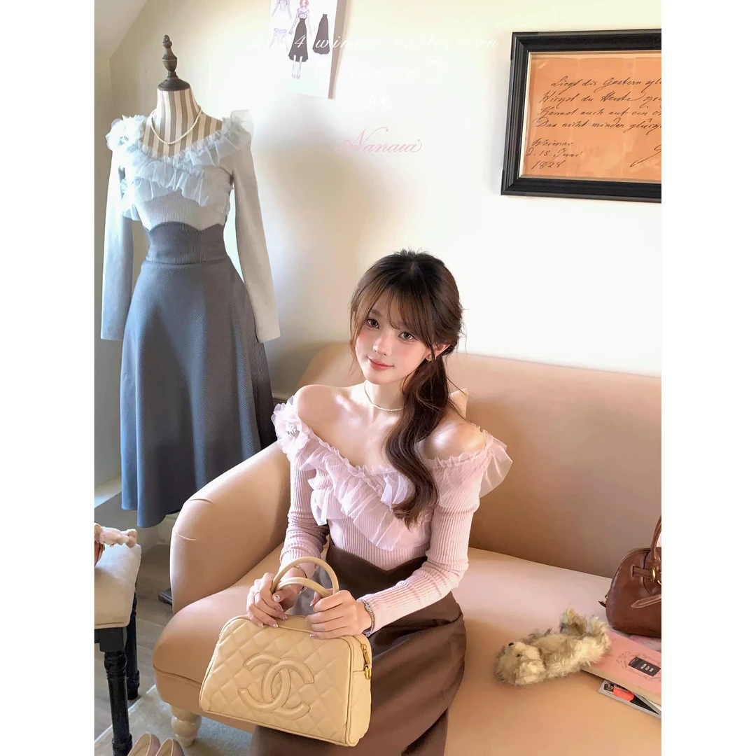 甜水仙 樱花淑女320g米勒条仿羊绒V领针织上衣一字肩法式半裙套装