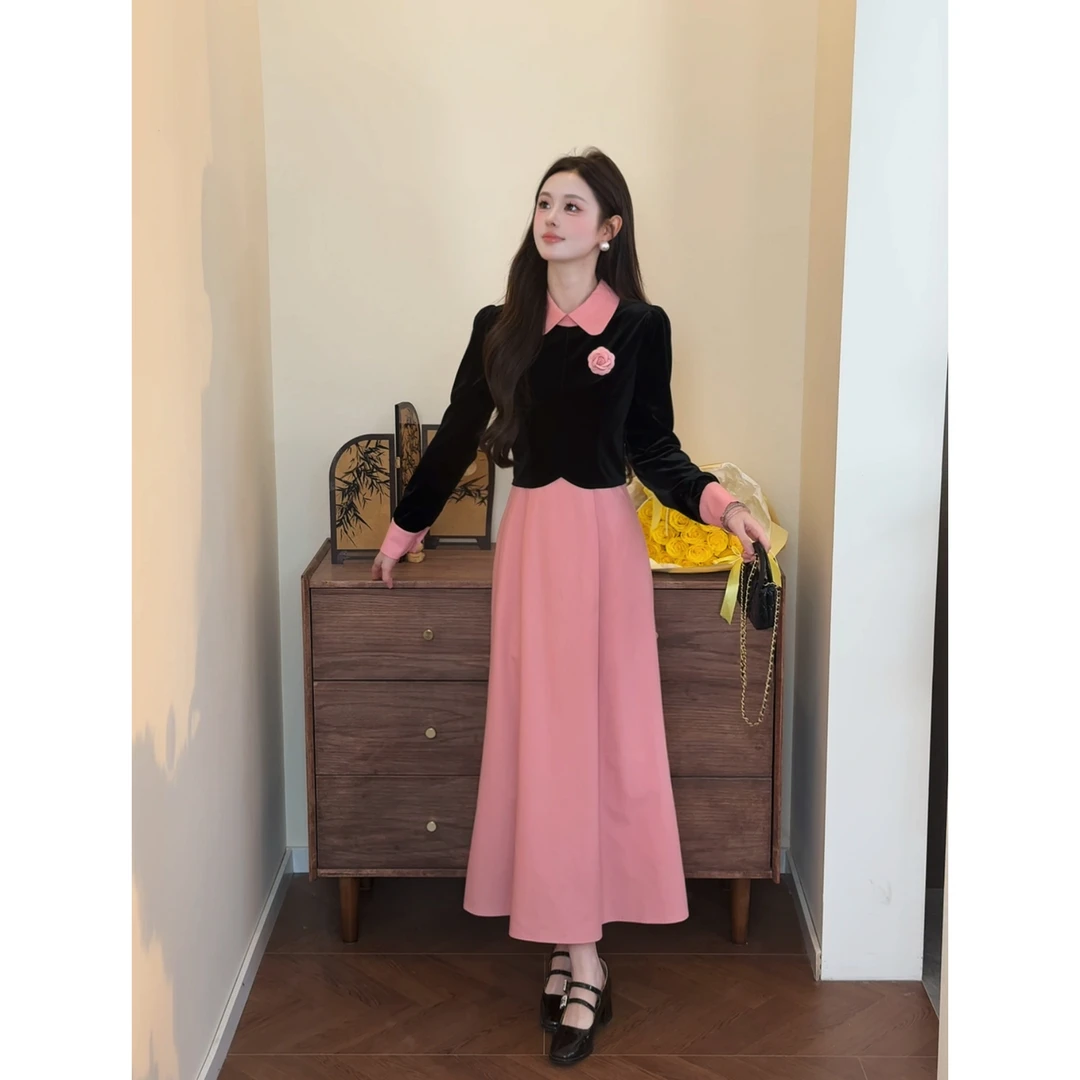 【简爱】<77>撞色翻领丝绒拼接假两件连衣裙XMZH10062