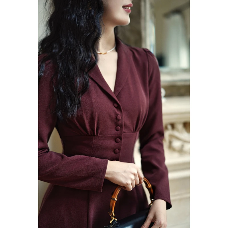 Chings法式复古收腰单排扣连衣裙 高腰A字显瘦开衩大摆伞裙混纺裙