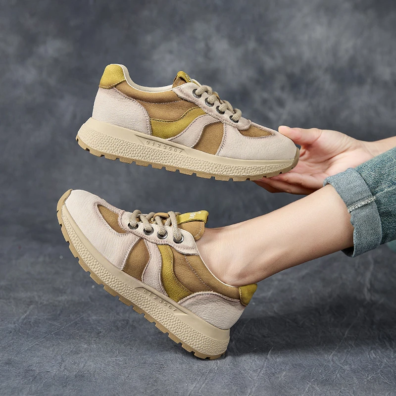 束坞25春新款头层牛皮休闲系带单鞋真皮拼色运动风低帮鞋轻便女